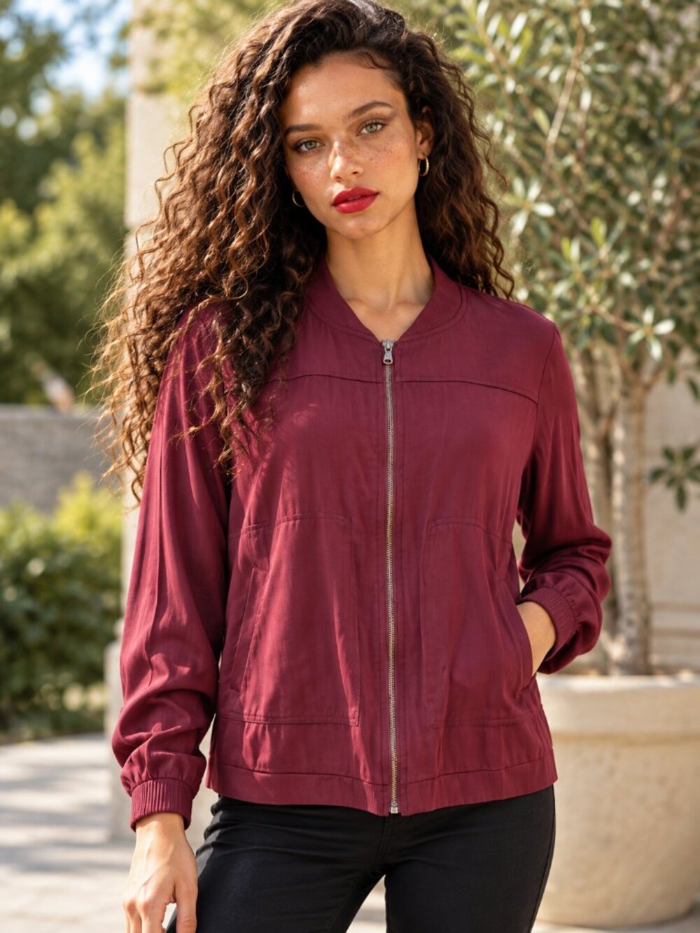 MERONA Lightweight Bomber Jacket L Wild Cherry Large Full Zipper Wine Red Rayon